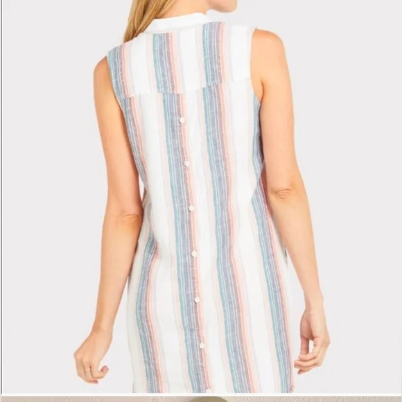 Cloth & Stone Pink White Blue Striped Sleeveless Button Down Fray Hem Dress Sz M - Picture 2 of 11